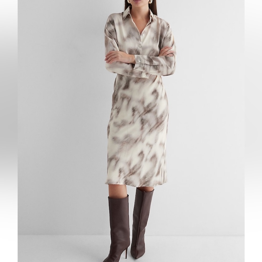 Express Printed Half Button Up Midi Portofino Shirt Dress